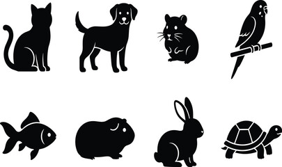 Obraz premium Set of eight black pet animal silhouettes including cat dog hamster parrot fish guinea pig rabbit and turtle for domestic animal icon design
