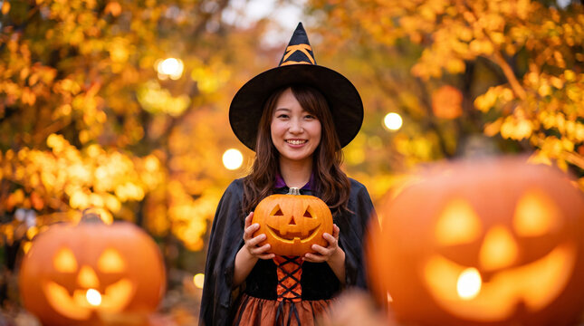 ハロウィンイベントで魔女のコスプレをしてかぼちゃを持つ笑顔の女性