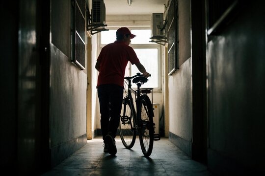 Courier in red shirt, cap pushes bicycle through narrow building corridor. Delivery man moves toward exit in dim lighting. Gig worker carries bike in urban hallway, representing fast food service