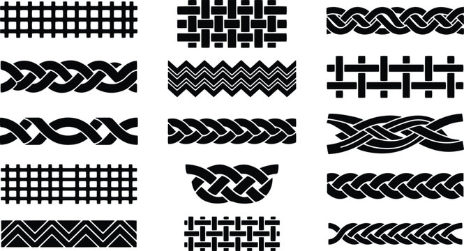 Celtic braid borders and woven rope patterns, set of 14 black geometric vector dividers, ethnic knot line art for graphic design