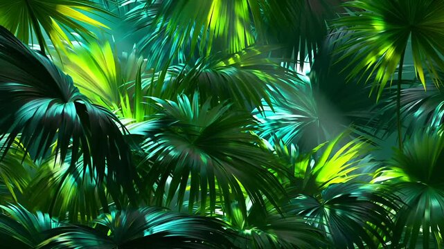 Summer hot vibe lifestyle. A vivid and detailed digital artwork depicts a tropical forest scene. The main subject is a dense collection of palm leaves.