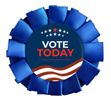 Blue rosette badge with vote today message and us flag colors, on a transparent background