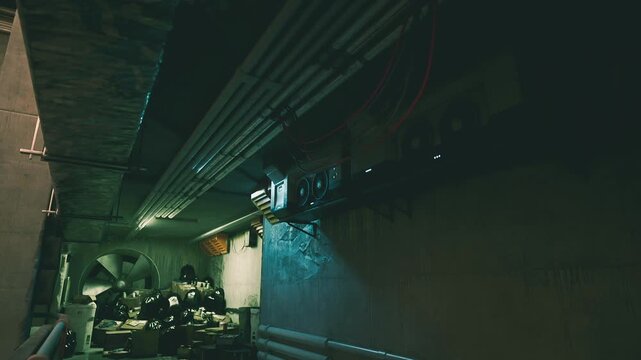 A narrow corridor illuminated by a few overhead lights reveals industrial pipes and ventilation fans. The environment appears utilitarian and somewhat neglected, with scattered equipment.