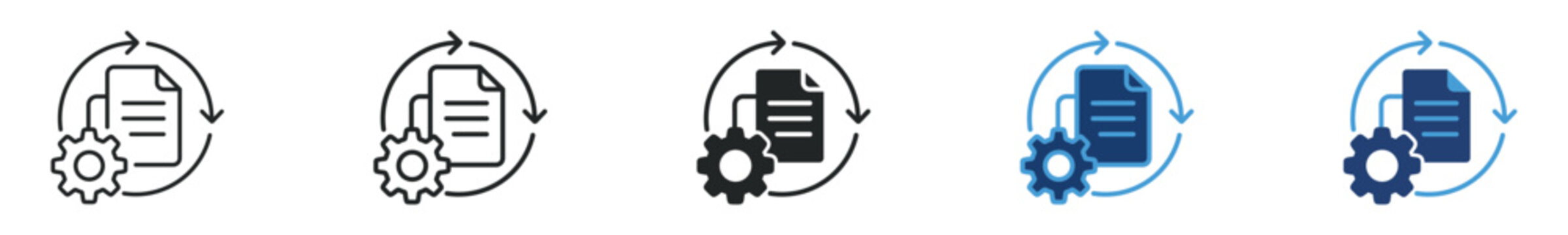 Document processing workflow sync icon set, file automation cycle symbol, vector illustration
