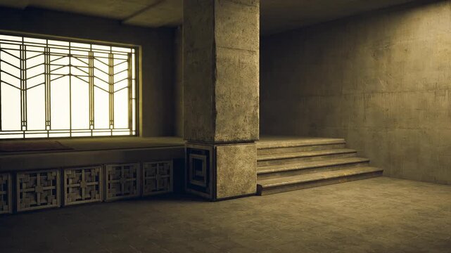 A spacious interior features textured walls, stylish geometric windows, and a set of steps. Soft lighting enhances the minimalist aesthetic and creates a serene atmosphere.