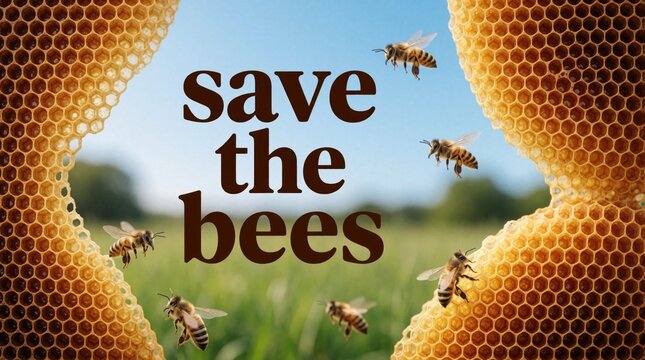 Save bees message with honeycomb frame, honey bees flying in nature. Golden hexagonal wax cells border text on sunny day. Busy insects fly around garden field under blue sky. Ecology concept for bee