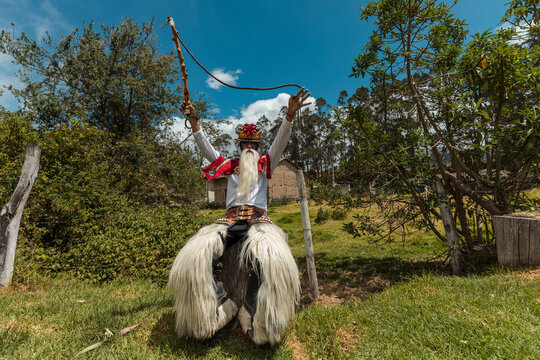 Chivo character in traditional attire performing at the cultural festival of Zuleta, Ecuador