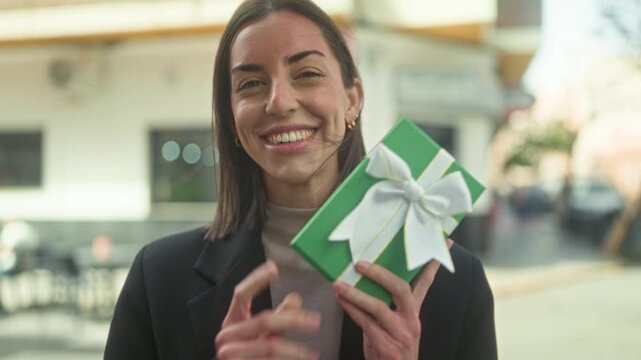 Woman holding green gift box near face on street, smiling and laughing while wearing black coat and beige turtleneck; joy celebration.