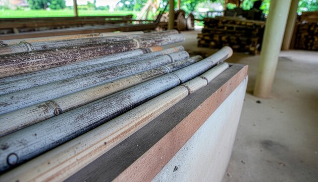 Rows of weathered bamboo poles in a workshop storage