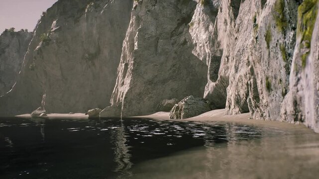 Lush rocky cliffs rise above a calm, reflective shoreline. The soft waves gently lap at the sandy beach, creating a peaceful and picturesque coastal atmosphere at sunset.