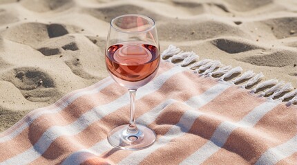 Fototapeta premium Glass of rose wine on striped towel on sandy beach. Pink drink sits near ocean shore under bright sunlight. Summer leisure concept with refreshing alcoholic beverage in coastal setting. Relaxing