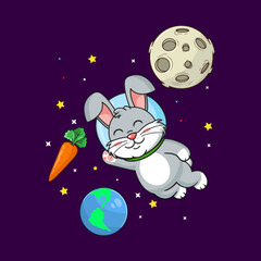 Naklejka premium Cute Rabbit Astronaut Floating in Space with Carrot Cartoon Vector Illustration