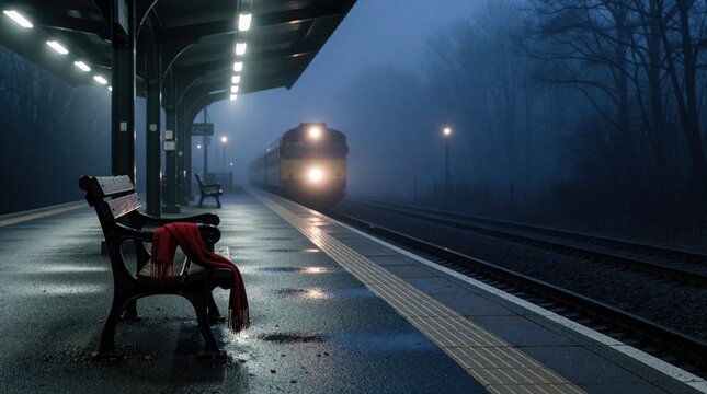 Red scarf left on empty wooden bench at foggy railway station. Lonely passenger departed, leaving item behind. Approaching train arrives through thick mist at night. Gloomy urban transport platform