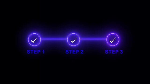 Animated neon glowing progress bar infographic featuring three sequential steps with checkmark for business process visualization, workflow management, digital strategy, and task completion concepts