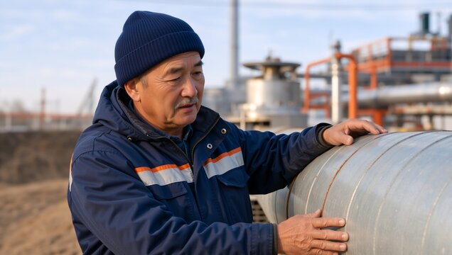 Senior Asian engineer inspecting a large pipeline at an industrial facility. Mature male worker checking oil and gas infrastructure in winter workwear