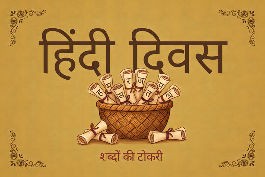Hindi diwas poster featuring a woven basket filled with rolled scrolls and devanagari script on a classic brown textured background