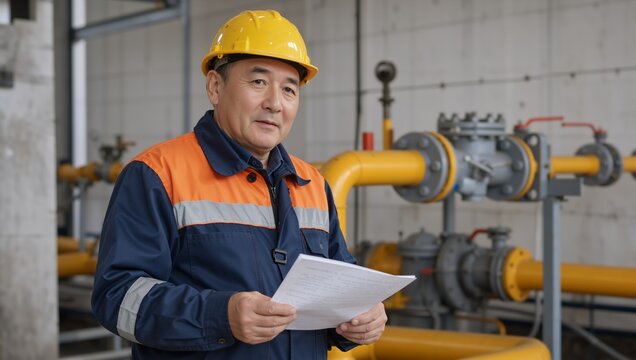 Mature Asian industrial worker holding document in utility plant. Male technician wearing yellow hard hat near gas pipelines. Engineering and maintenance concept