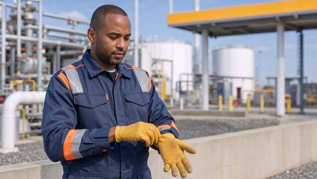 Black male industrial worker putting on safety gloves at refinery. Technician in blue jumpsuit preparing for work at outdoor fuel depot. Manual labor and safety concept