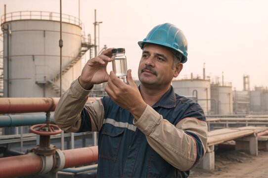 Industrial worker inspecting liquid sample in glass bottle. Engineer wearing blue hard hat at chemical plant. Quality control and testing concept