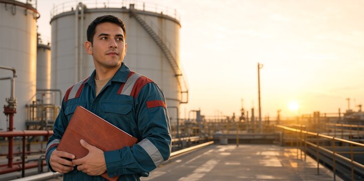 Male industrial worker holding folder at oil refinery. Engineer in uniform standing by storage tanks during sunset. Petroleum industry concept