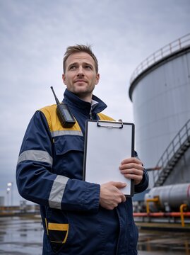 Vertical portrait of male industrial worker holding blank clipboard. Engineer with walkie-talkie standing by storage tank. Copy space on paper