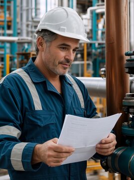 Mature male engineer reading document at industrial plant. Vertical portrait of worker in white hard hat and blue jumpsuit inspecting pipes. Quality control and maintenance concept