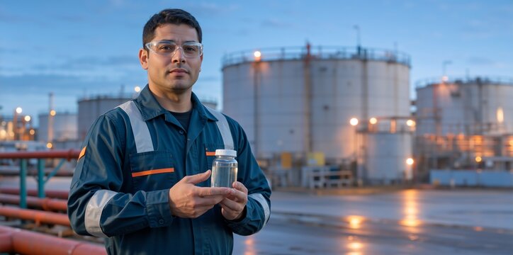 Male industrial worker holding liquid sample bottle at dusk. Engineer in safety glasses standing in front of illuminated oil refinery. Quality control concept