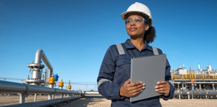 Female African American engineer in hard hat holding folder at industrial plant. Professional woman worker at oil refinery or gas facility
