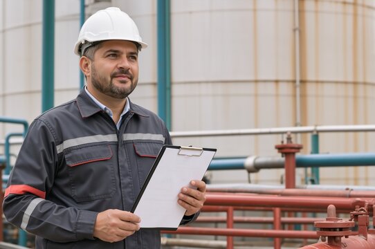 Male industrial engineer in hard hat holding clipboard at refinery. Professional worker inspecting chemical plant or storage facility