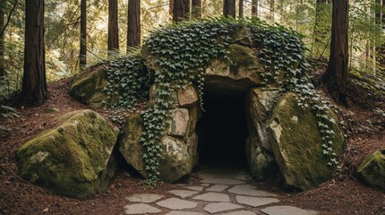 Naklejka premium Mystical cave entrance built with large mossy rocks in redwood forest. Green ivy, plants cover stone structure. Stone path leads into dark underground opening. Ancient rock formation hidden among