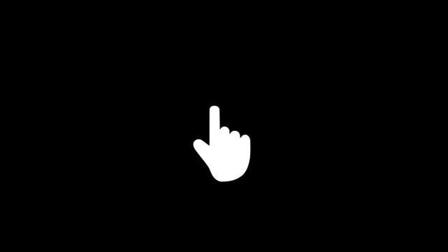 Minimalist white hand cursor clicking animation on solid black background, for digital user, interface website navigation, interactive software tutorials, and modern web application