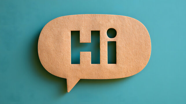 A speech bubble in teal with a cutout of "hi" displayed on a tan background
