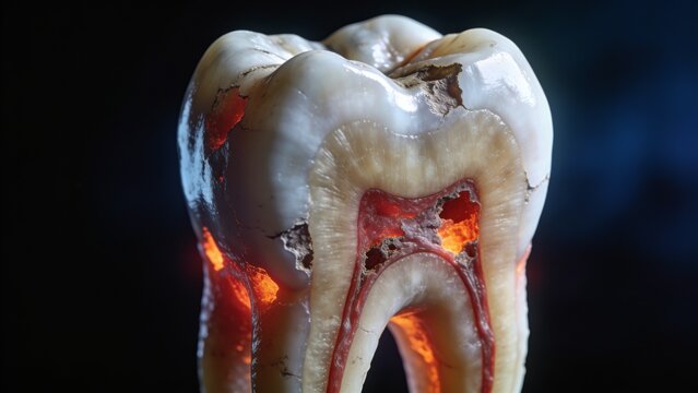 Detailed Cross Section of a Decayed Tooth Showing Inflamed Pulp and Caries