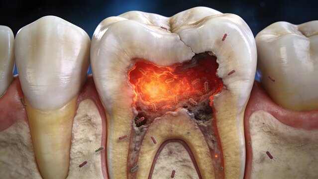 Severe Tooth Decay and Infection 3D Medical Illustration of Dental Caries with Bacteria and Inflamed Pulp
