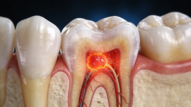 Detailed 3D Medical Illustration of an Infected Tooth with Abscess and Internal Anatomy