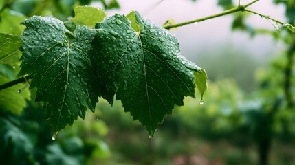 Fototapeta premium Fresh green grape leaves glisten with raindrops against a soft blurred natural background