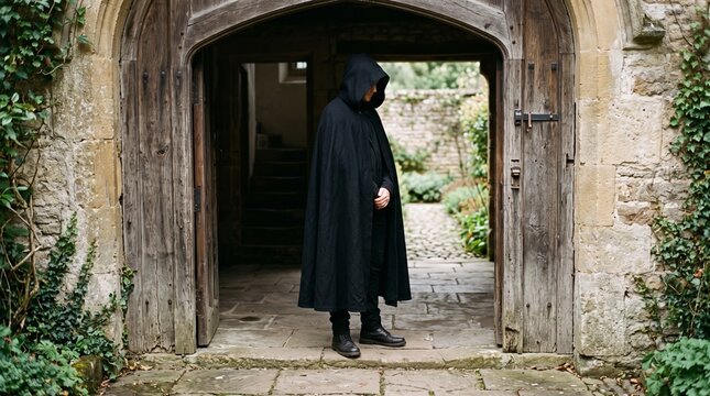 Mysterious figure in black hooded cloak stands in ancient stone doorway with ivy covered walls
