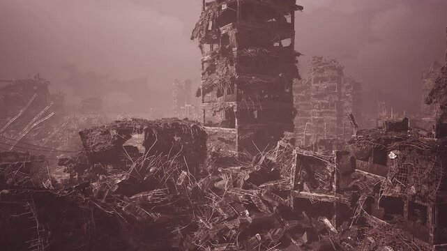 Ruins of a once thriving city stand in desolation, with collapsed buildings and twisted metal structures. Dust settles in the eerie silence, revealing the chaos left behind.