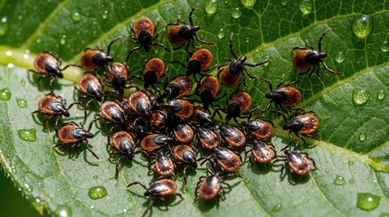 Naklejka premium Many ticks swarm on a wet green leaf surface. Tiny arachnids gather closely together on plant foliage. Macro view shows natural pest danger in garden.
