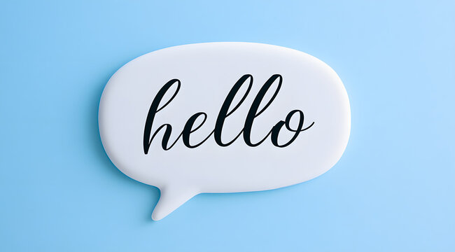 Corrected version:
Greeting concept featuring a white speech bubble with "hello" text on a light blue background.