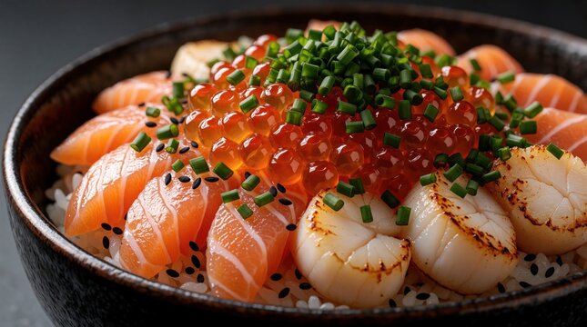 Delicious salmon scallop, ikura donburi bowl served with rice. Fresh raw fish slices, seared scallops, orange salmon roe, chives, sesame seeds on top. Japanese seafood meal for lunch dinner in