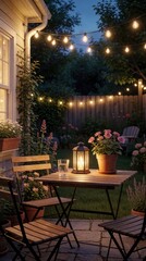 Fototapeta premium Outdoor patio with string lights at dusk. A wooden table has lantern, potted flowers, and glass of water. Cozy garden setting with chairs and plants.