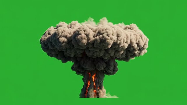 Atomic airburst mushroom cloud explosion on green screen