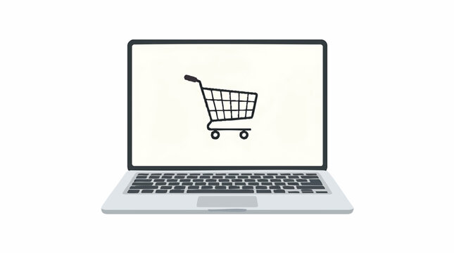 Modern laptop displaying a shopping cart icon on its screen representing online shopping and e-commerce isolated on white background