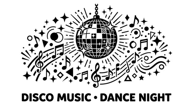 Very beautiful black and white simple vector of disco ball, sparkling stars and musical notes with playful geometric shapes, white background, no gradients, DISCO MUSIC &bull; DANCE NIGHT.