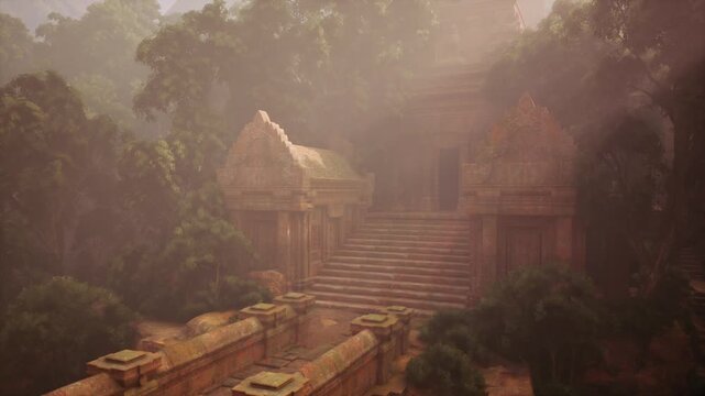 An ancient temple, partially shrouded in mist, stands amidst lush greenery. Stone structures exhibit intricate carvings while sunlight filters through the trees, creating a serene atmosphere.