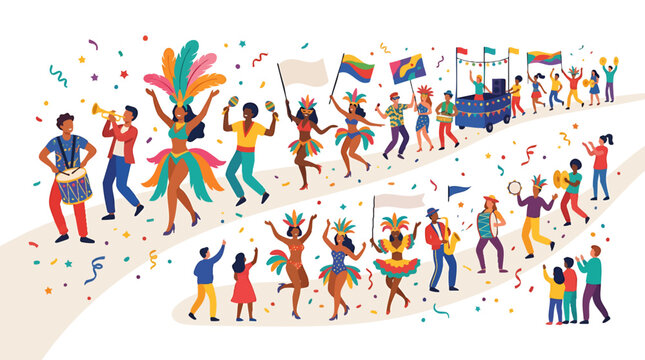 Diverse group of people celebrating carnival with music dancing and colorful costumes isolated on white background