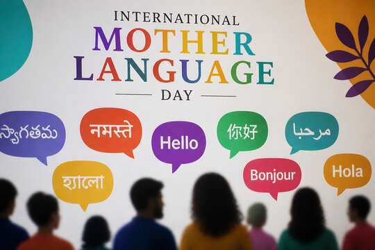 A graphic celebrating International Mother Language Day displays greetings in various languages over a silhouette of people.