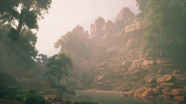 Mystical atmosphere envelops ancient temple ruins nestled among mountains. A serene river reflects the lush greenery, creating a peaceful sanctuary for exploration and reflection.