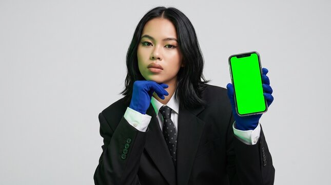 Blank Green Screen Smartphone Mockup Held by Businesswoman at Studio